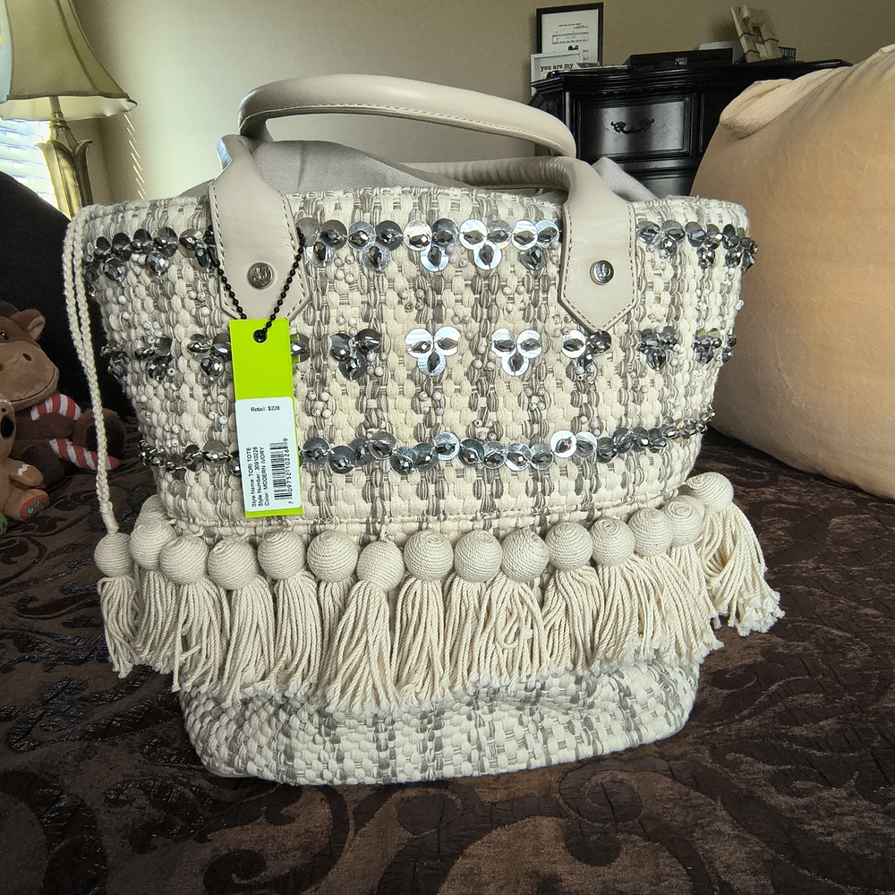 Sam Edelman Cream and Silver Embellished Tote